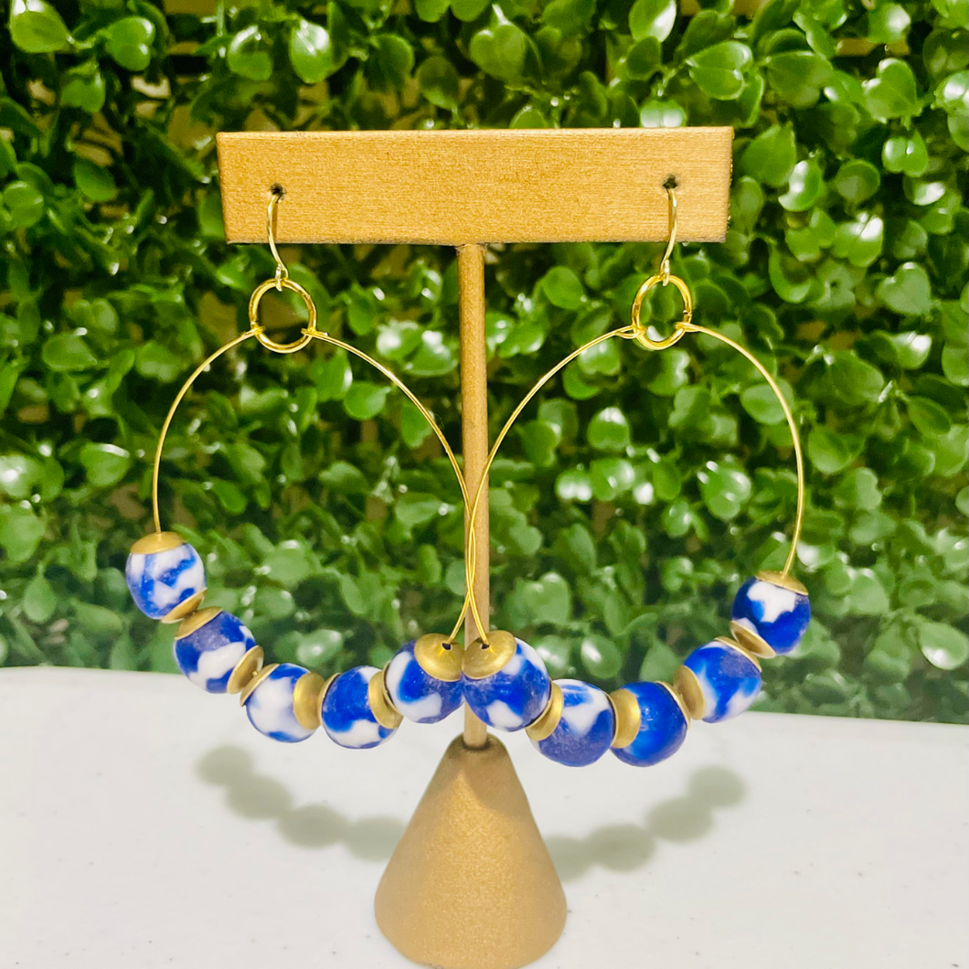 Spotted Blue Spotted African Glass - Hoop earrings