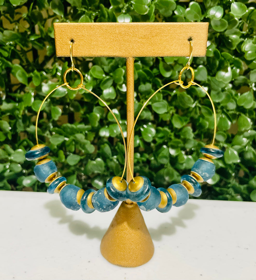 Teal African Glass and Jelly - Hoop earrings